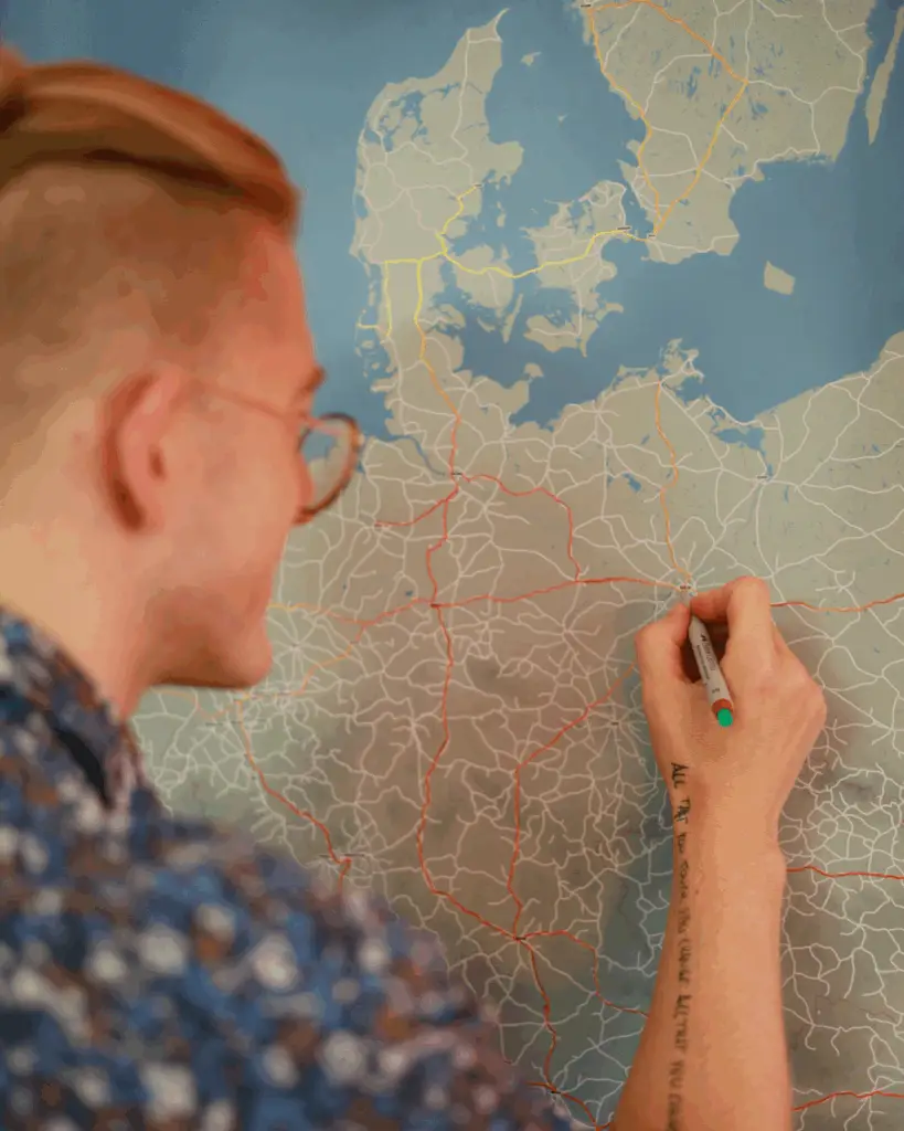 Robin drawing the first rail journeys on a 60x90 test map