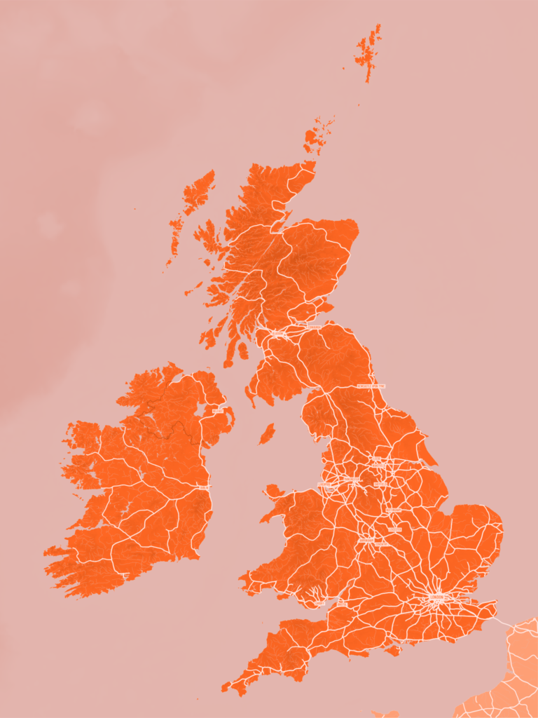 Rail map art of the British isles in orange monochrome look