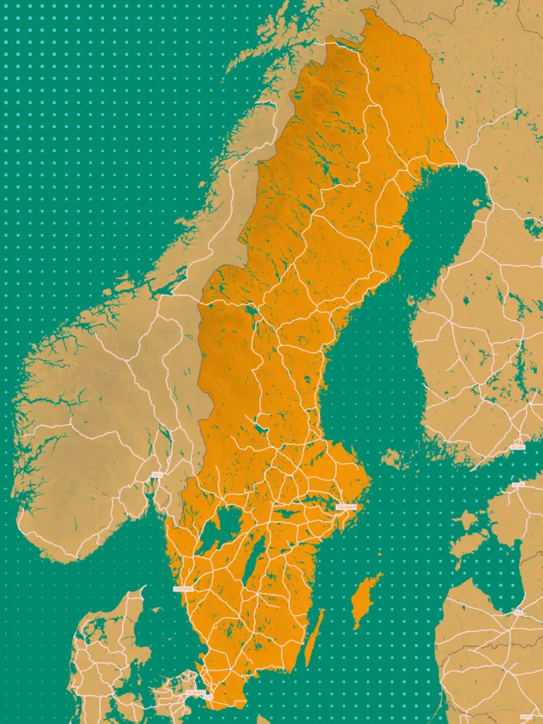 Rail map of Sweden in a stylish ochre and green design