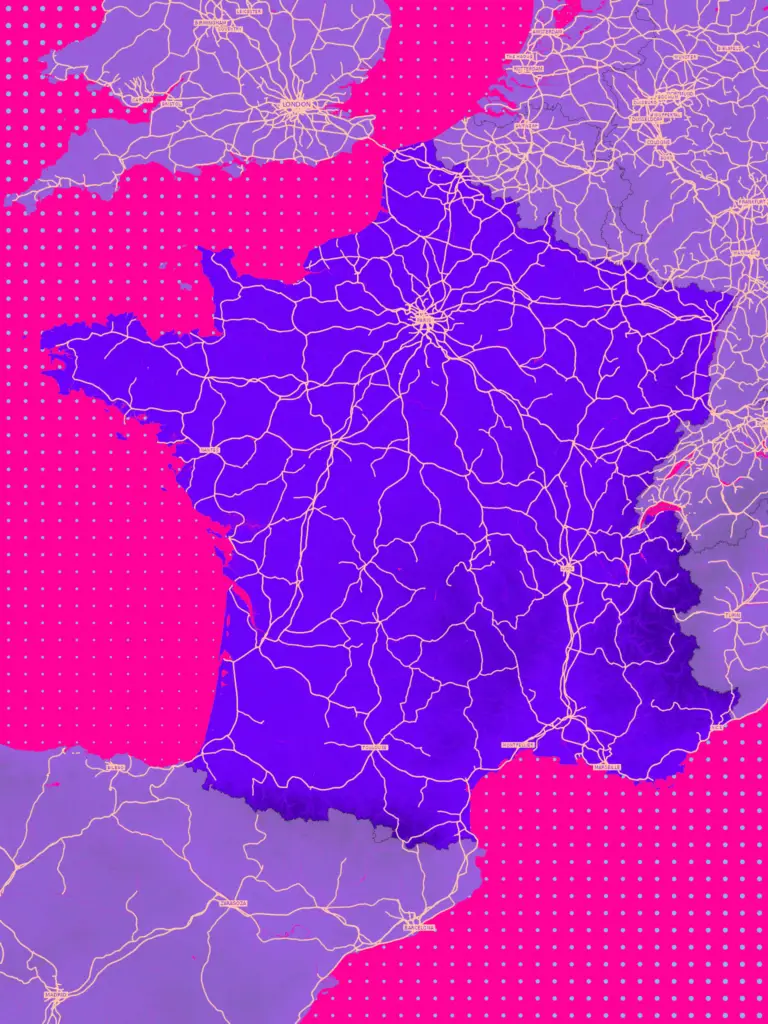 Rail map of France in a pink and purple artful design