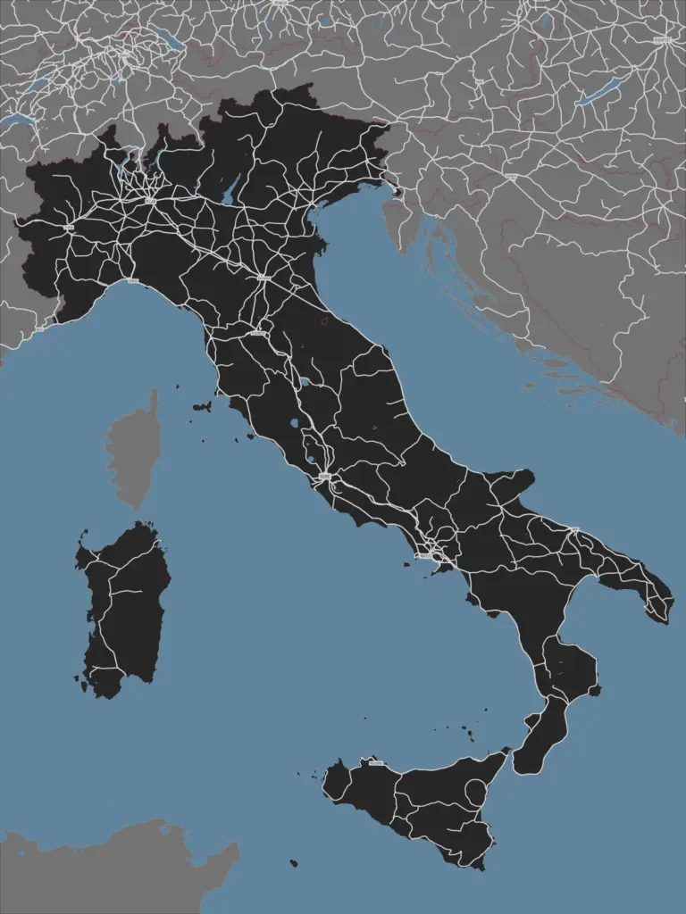 Rail map of Italy in a minimalist charcoal design