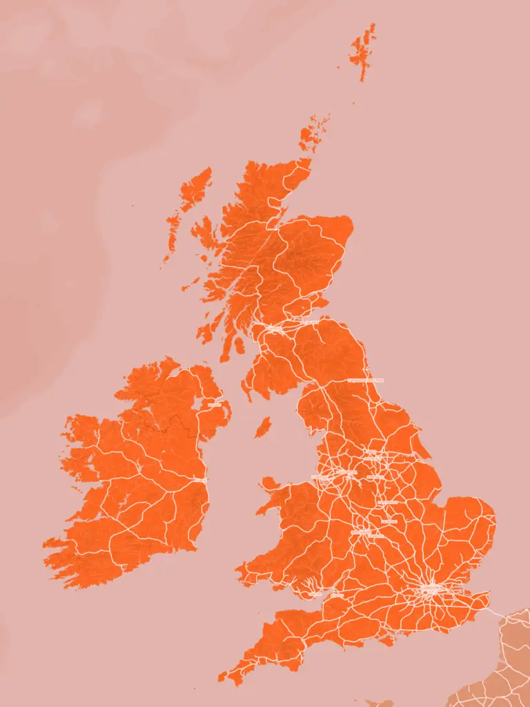 Rail map of the UK and Ireland in a bold orange monochrome look